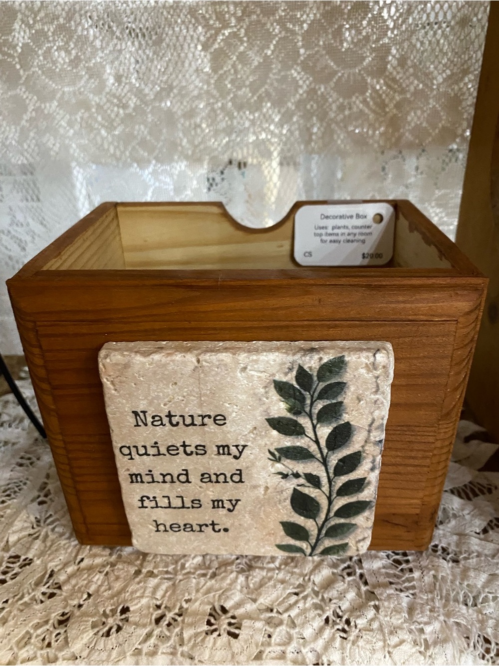 Wooden Decorative Box with Leaf Plaque - Nature Quote